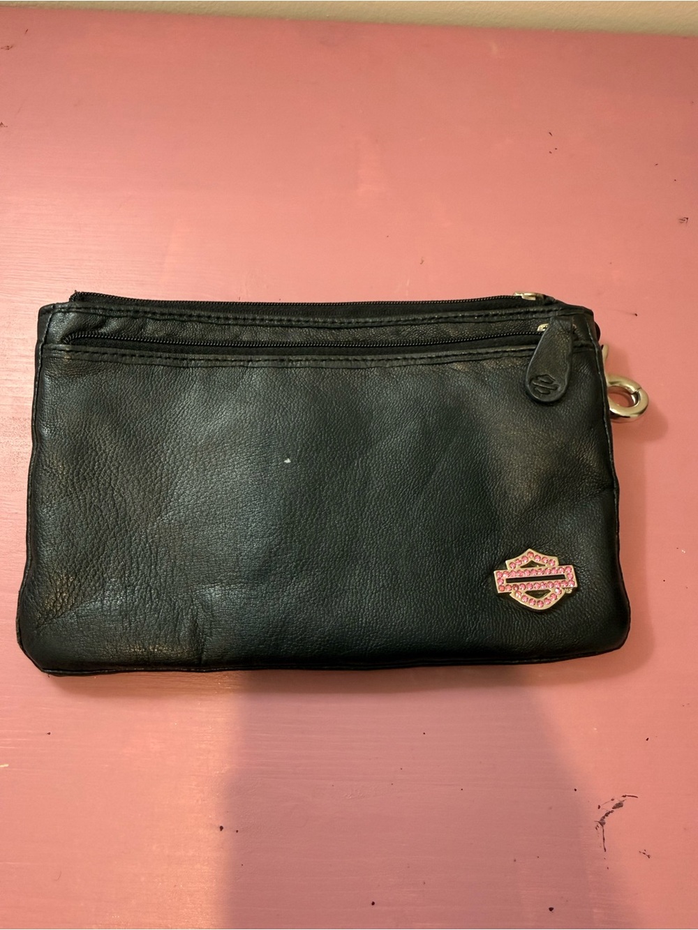 Harley-Davidson Black Leather Wristlet with Pink Logo Pin